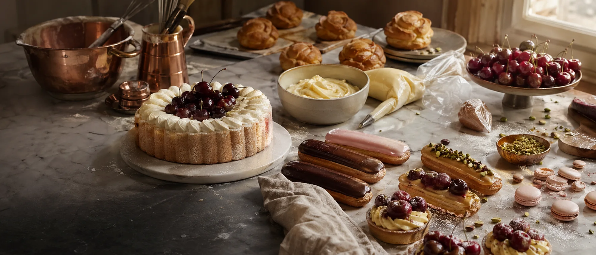 Maison Cerise pastry atelier with tartlets, cherries, pistachio, and cream