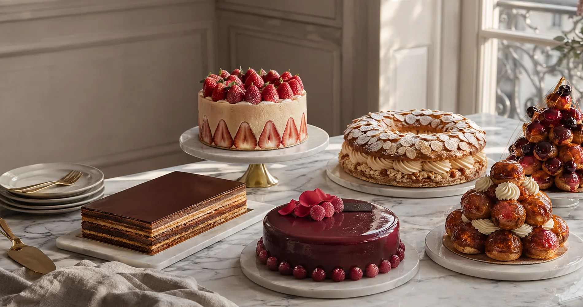 Whole Parisian celebration cakes on marble table