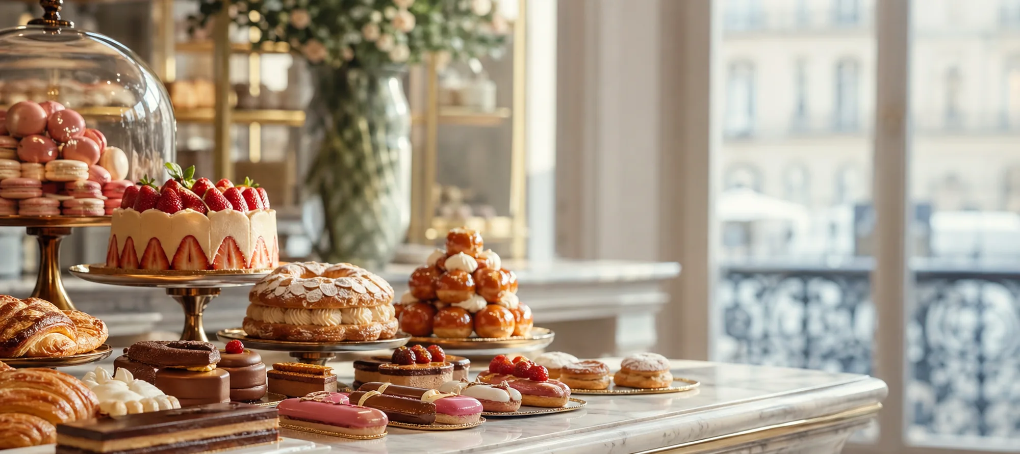 Maison Cerise Parisian pâtisserie table with macarons, éclairs, tartlets, and a cherry celebration cake